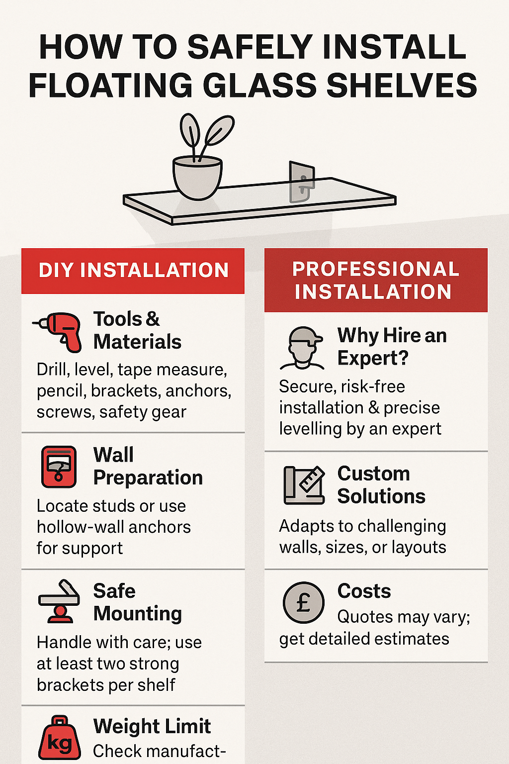 Infographic: How to Safely Install Floating Glass Shelves — DIY vs Professional (GlassHelp.co.uk)